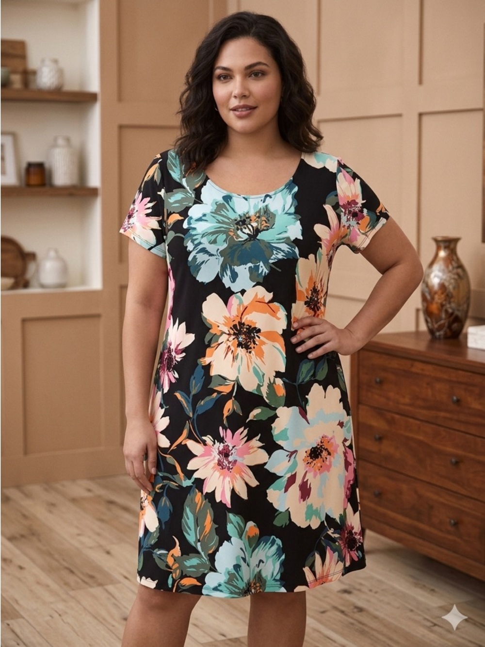 MSK Black Tropical Floral Short Sleeve Dress with Peach & Pink Blooms Size 1X